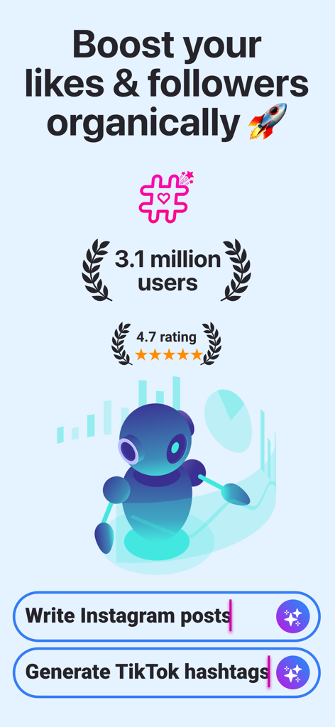 Hashtag Smart: AI Like Booster - Interfaz de la app Hashtag Smart que muestra el asistente de IA para el crecimiento orgánico en redes sociales y la generación de hashtags