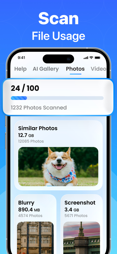 AI Storage Optimizer App - Pantalla del iPhone mostrando el Optimizador de Almacenamiento IA escaneando fotos y categorizándolas en similares, borrosas y capturas de pantalla para la limpieza del almacenamiento.