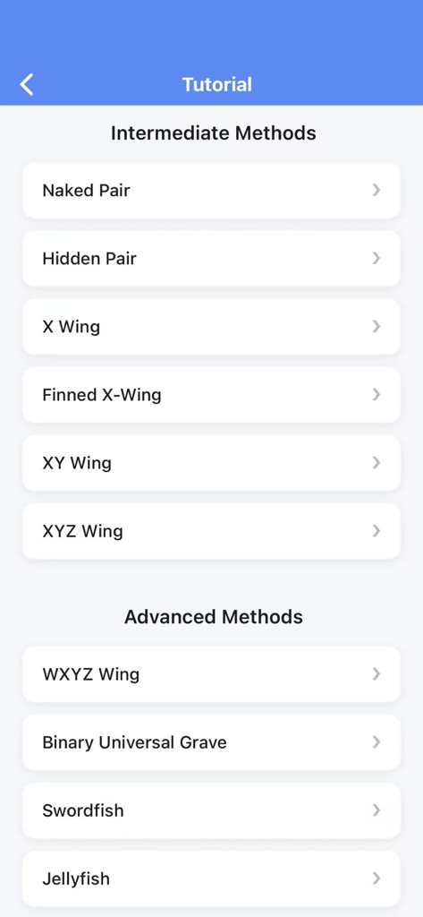 Sudoku Custom: Solve & Learn - Capture d'écran de l'écran de tutoriel dans Sudoku Custom montrant des méthodes de résolution intermédiaires et avancées comme X-Wing et Swordfish