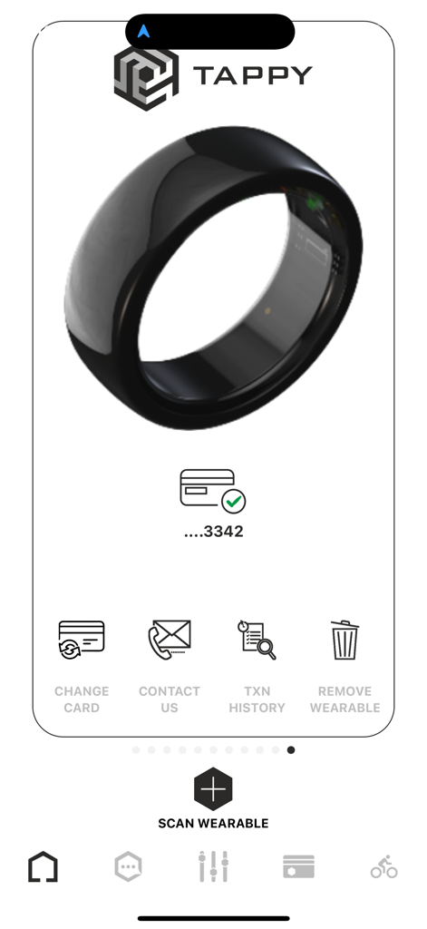 Tappy Pay - Tappy Pay app dashboard showing a black smart ring payment device with options for card management and transaction history