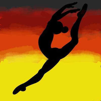 gymnast doing a leap in a leotard with a bent back leg
