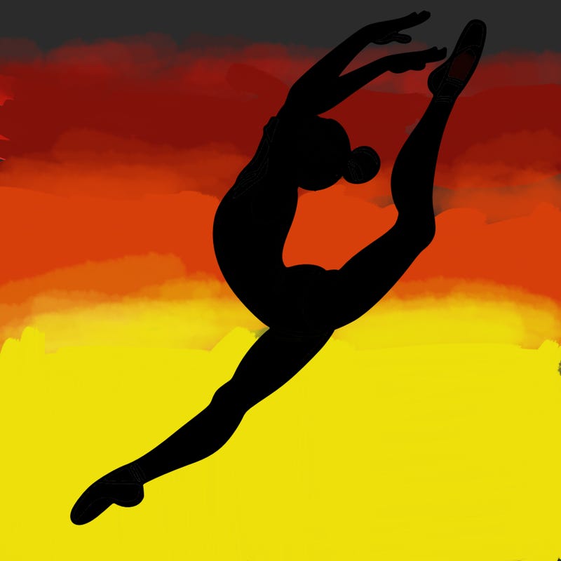gymnast doing a leap in a leotard with a bent back leg