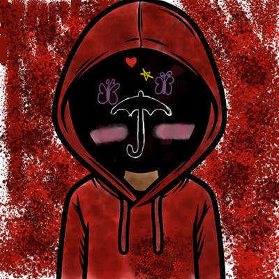 a person with non face waering a hoodie with a small umbrella symbol