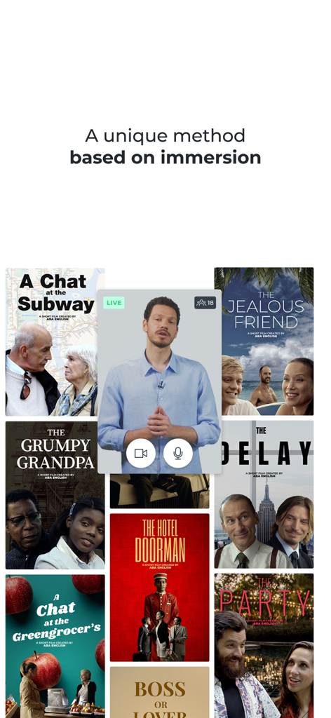 ABA English - Learn English - ABA Englishアプリの画面。短編映画とライブグループクラスによる没入型学習方法を紹介しています。