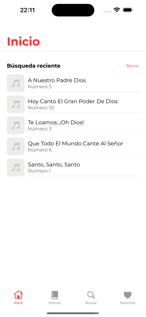 Himnario Bautista X - Home screen of the Himnario Bautista X app displaying a list of recently searched Spanish hymns