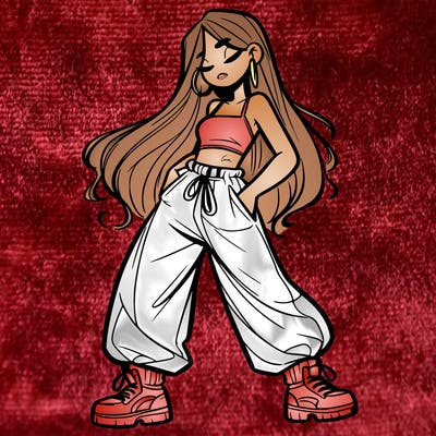 girl in baggy pants crop top and long hair