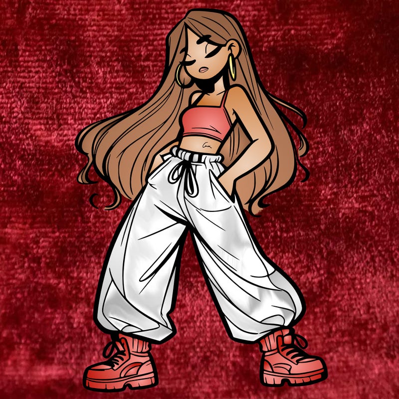 girl in baggy pants crop top and long hair