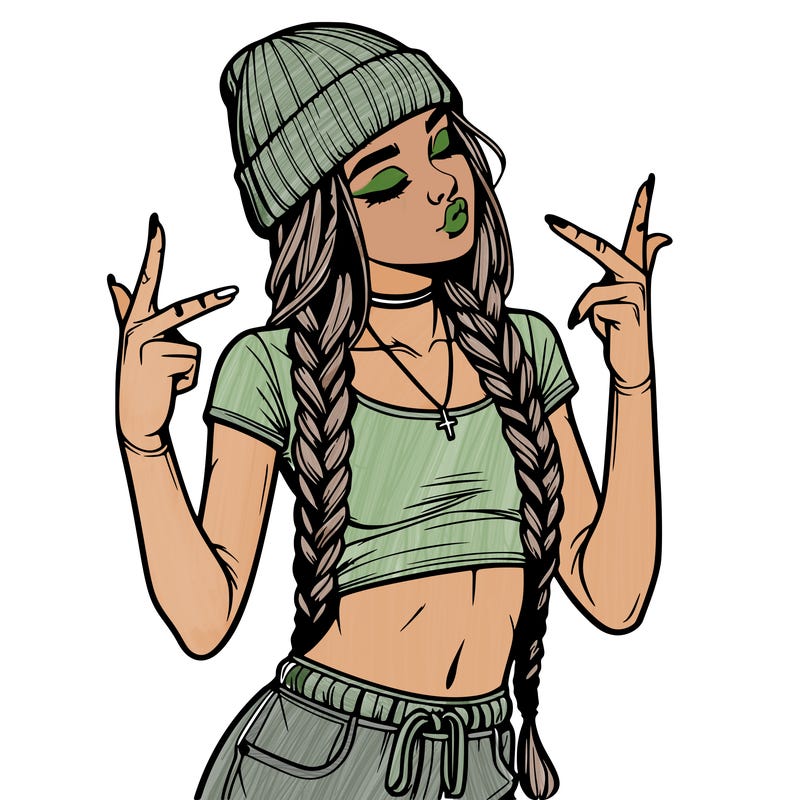 realistic teenage girl with braids and a beanie and crop top doing 🫶🏼