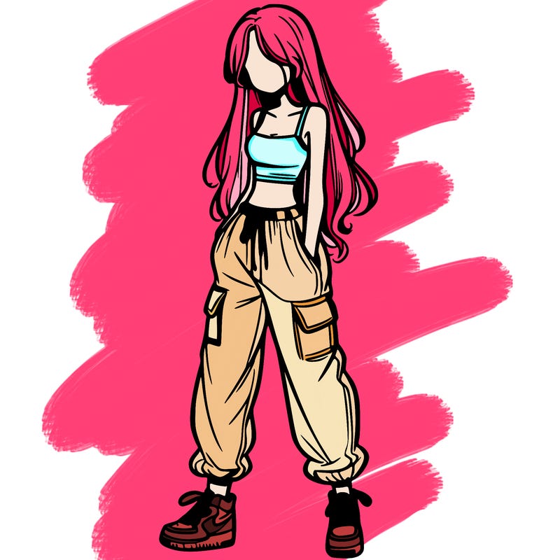 girl in baggy pants crop top and long hair