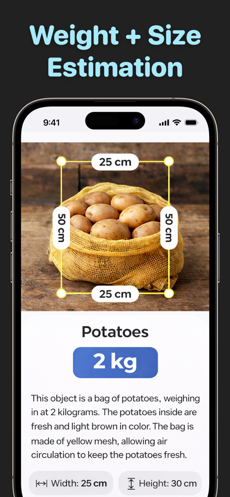 Scale Gram Digital Weight AI - AIを使用してジャガイモ袋の重量とサイズを推定するスマートフォンのアプリインターフェース