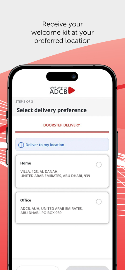 Selection of home or office delivery for the ADCB Hayyak banking welcome kit