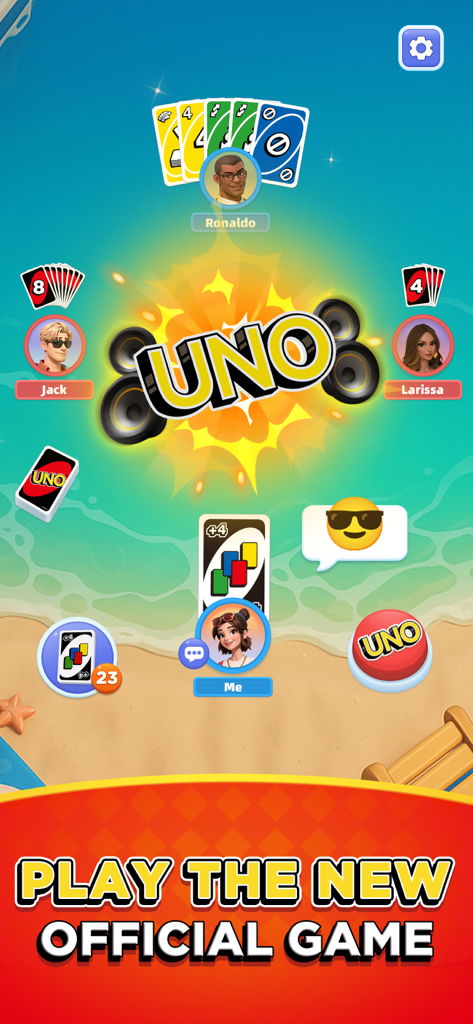 Jugabilidad del juego de cartas oficial UNO Wonder en una playa tropical con cuatro jugadores