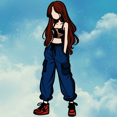 girl in baggy pants crop top and long hair