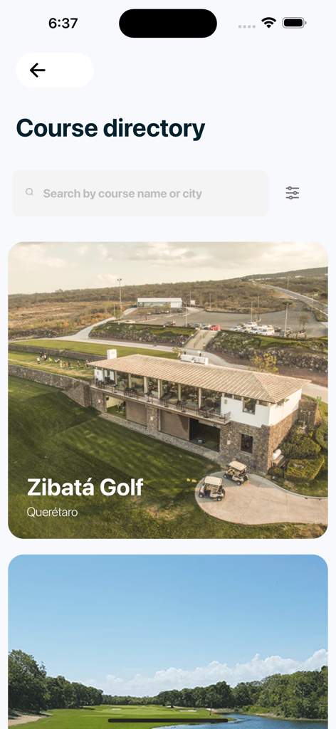 Golf Passport app course directory showing a search bar and Zibata Golf course listing