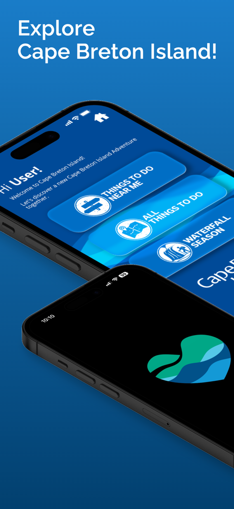 Visit Cape Breton 모바일 여행 앱이 두 대의 아이폰에 탐색 인터페이스와 공식 로고를 보여줍니다.
