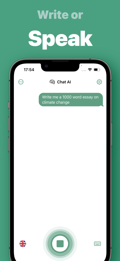 Chat AI ㅤ - Mobile interface of Chat AI app showing voice command for writing an essay
