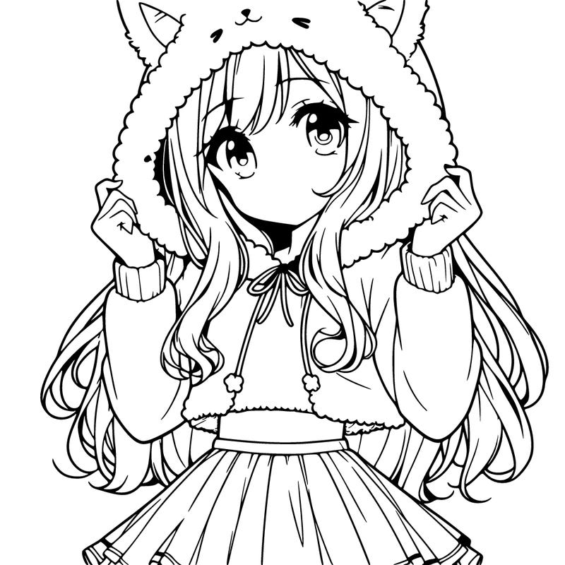 pretty anime girl wearing a fluffy hoodie with cat ears on the hood and a skirt