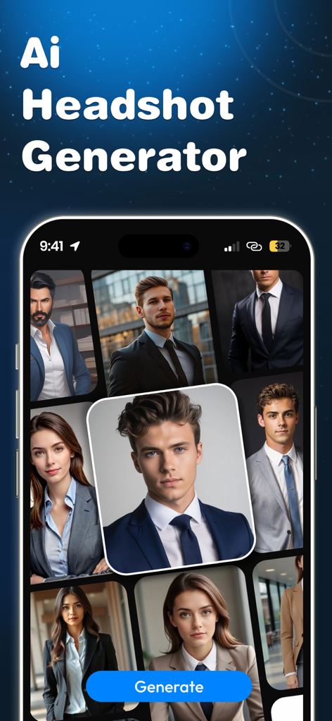 AI headshot generator interface showing professional business avatars for men and women