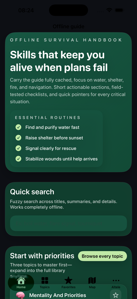 Survival Guide Offline - Interface of the Survival Guide Offline app showing survival skills and essential routines checklists.