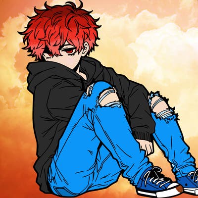 a male hoddie ripped jeans messy hair anime