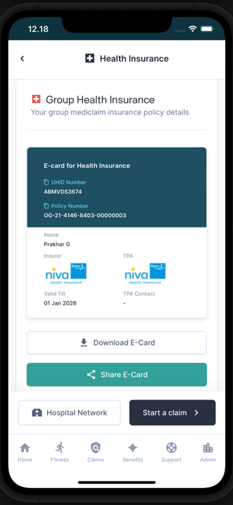 Nova Benefits app screen displaying a digital health insurance e-card with policy details and claim options