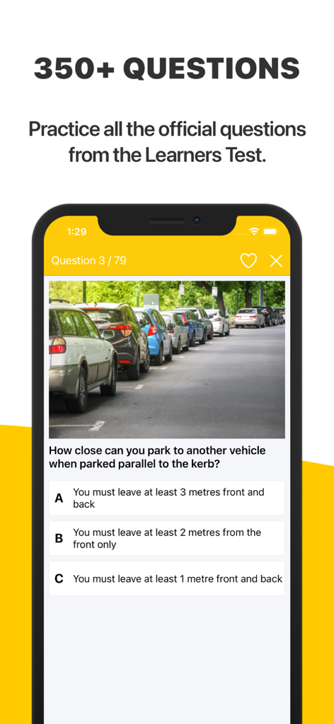 Learner Permit Test Victoria app showing a practice question about parallel parking