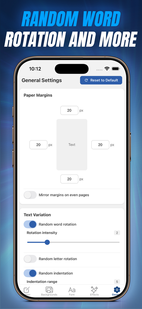 CursiveAI: Text to Handwriting - General settings screen in CursiveAI showing paper margin controls and text variation options like random word rotation and indentation.