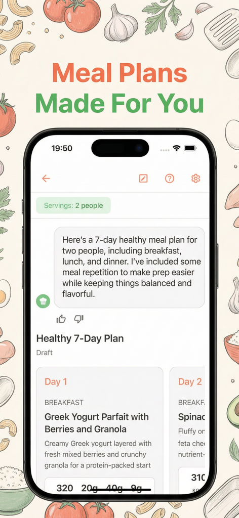 Interfaz de la aplicación FoodiePrep que muestra un plan de comidas saludable generado por IA para siete días para dos personas con seguimiento de nutrición