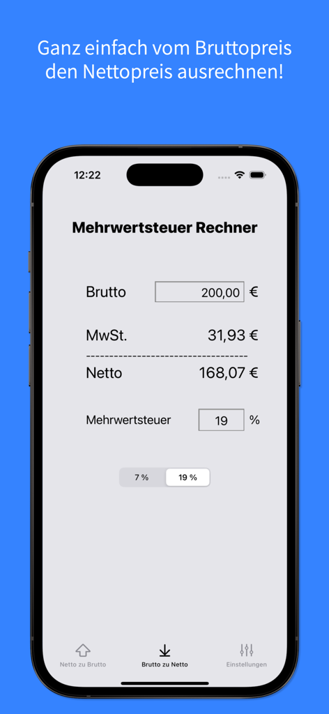 Mehrwertsteuer Rechner PROアプリのインターフェースに、税込から税抜へのVAT計算が表示されている。
