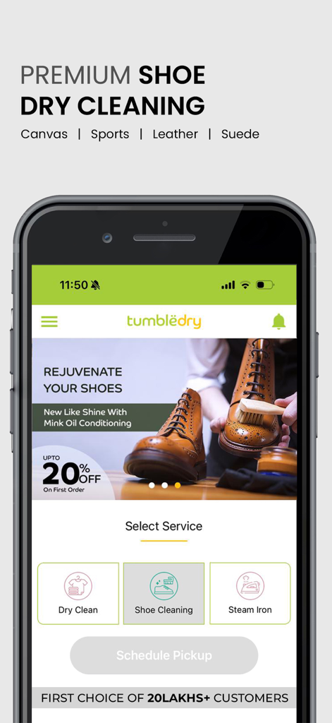 Tumbledry Dry Clean & Laundry - Interface de l'application Tumbledry montrant des services de nettoyage à sec de chaussures haut de gamme pour le cuir et le daim