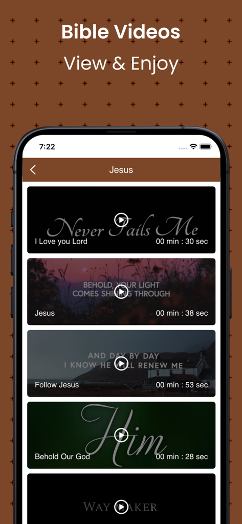 Mobile app screen showing a curated list of Bible videos and worship songs for easy spiritual engagement