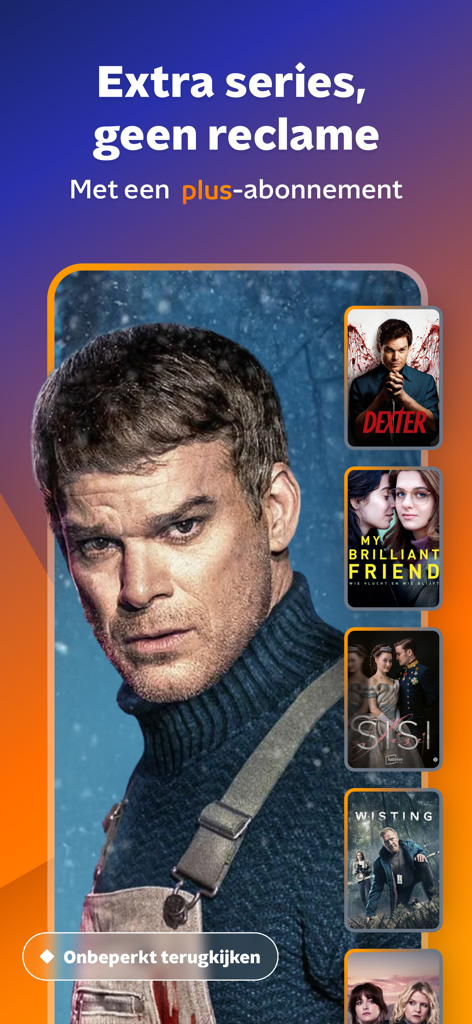 NPO Start - Tela do aplicativo NPO Start anunciando streaming sem anúncios e séries extras com NPO Plus