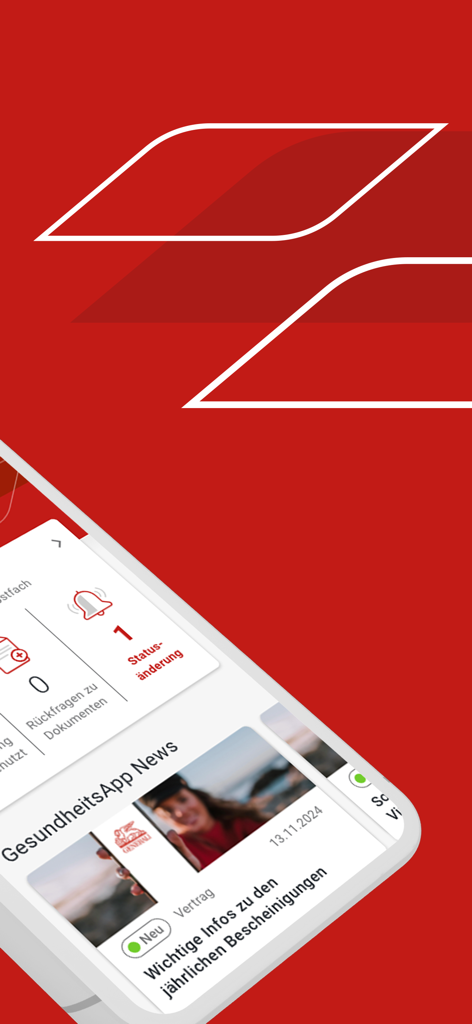 Generali health insurance app mobile interface showing news feed and status updates in German