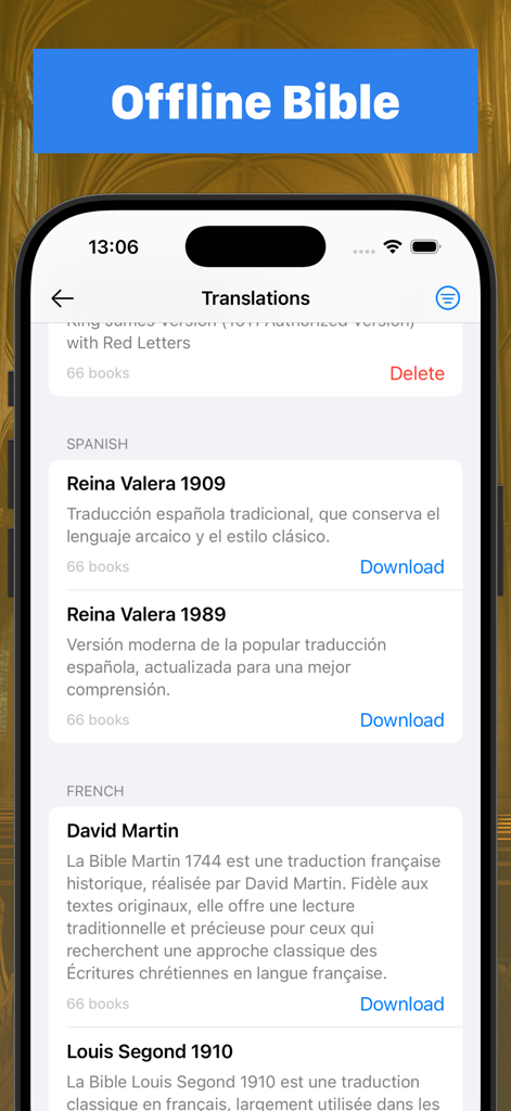 HOLY BIBLE - Any Version - Interfaz de la aplicación Santa Biblia mostrando una lista de traducciones descargables en español y francés para uso sin conexión