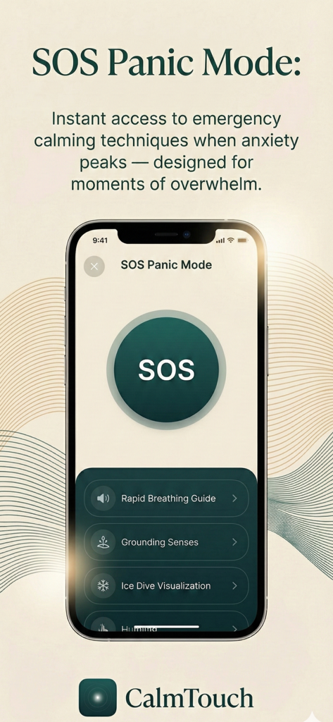 Interfaz del Modo Pánico SOS de la aplicación CalmTouch con herramientas de calma de emergencia para el alivio de la ansiedad