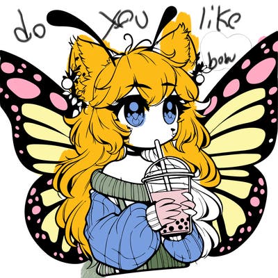 a realistic butterfly/furry girl drinking boba