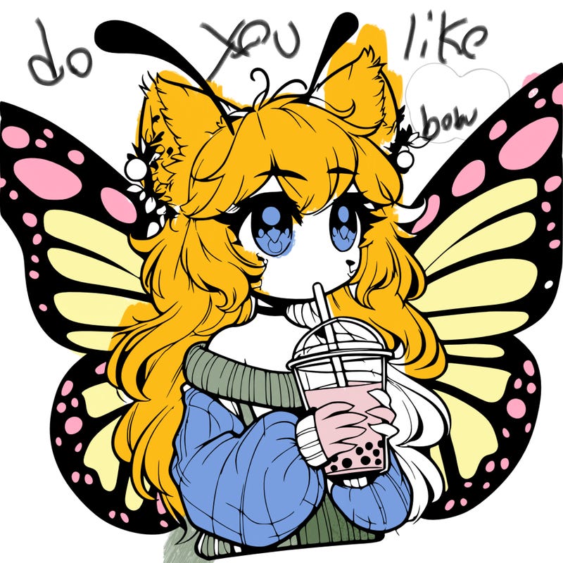 a realistic butterfly/furry girl drinking boba