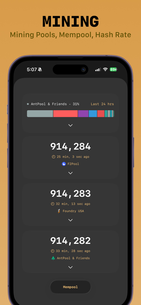Block Screen: Bitcoin Widgets - Interfaz de iPhone mostrando la distribución de los pools de minería de Bitcoin y los datos recientes de altura de bloque