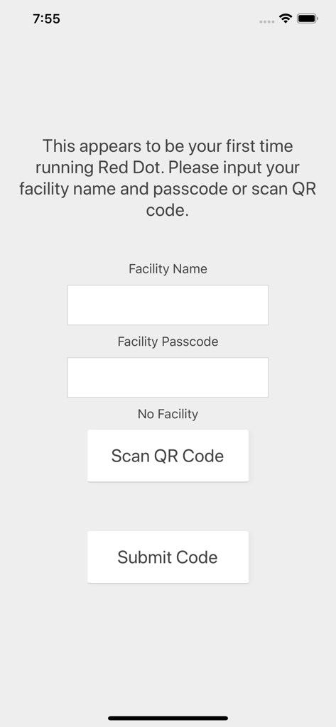 Red Dot Alert - Red Dot Alert 앱의 초기 설정 화면으로, 시설 이름과 비밀번호 또는 QR 코드 스캔을 요청합니다.