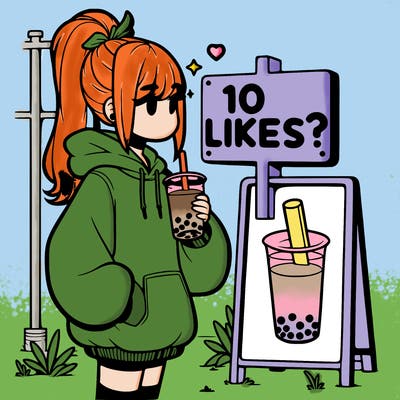 girl with oversized hoodie drinking boba and she has a high ponytail with a sign that says 10likes?