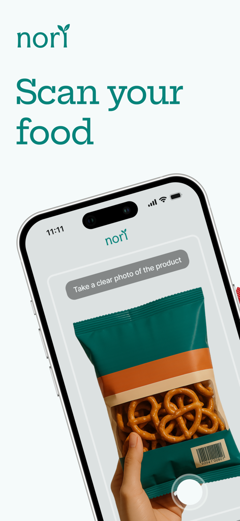 Nori - Scan your food - iPhone screen showing the Nori app scanning a product barcode on a bag of pretzels