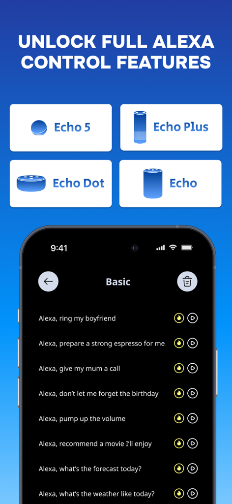 Smart Alexa Echo Commands - Una interfaz de aplicación móvil que muestra una lista de comandos de voz básicos de Alexa para dispositivos Amazon Echo