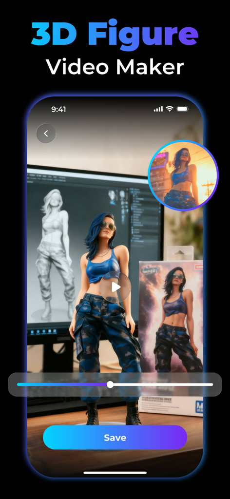 AI Video Generator, AI Filmix - AI Filmix app screen showing a photo of a woman being transformed into a 3D action figure