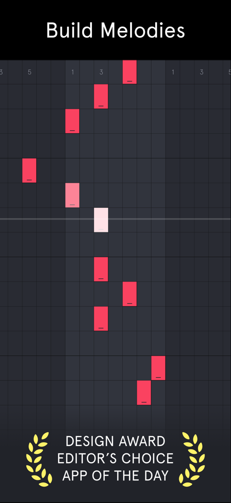 Auxy Studio app interface showing a minimalist melody builder with red notes on a dark grid and editor choice award logos.