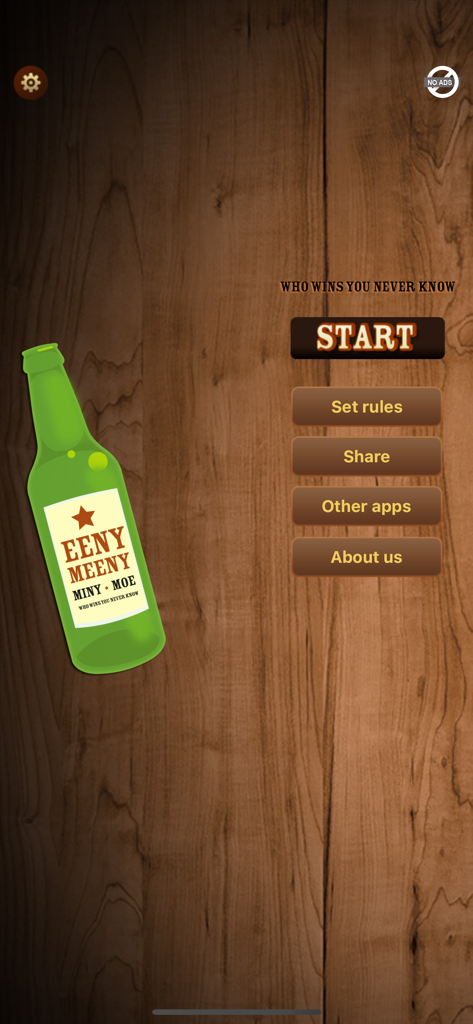 Main menu of the Spin the bottle game featuring a green glass bottle on a wood background