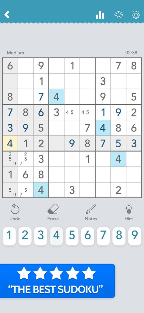 A classic Sudoku puzzle interface on mobile with a clean design and medium difficulty level.