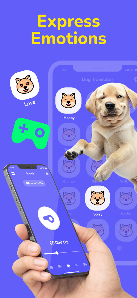 Dog Translator - Games for Dog - 犬のホイッスル機能と、犬の感情アイコンと子犬が表示された別の画面を示す携帯電話を持っている人。