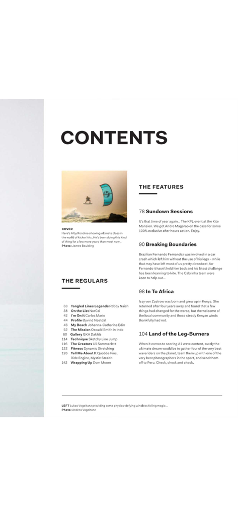 Tabla de contenido de The Kite Mag que muestra reportajes y artículos regulares