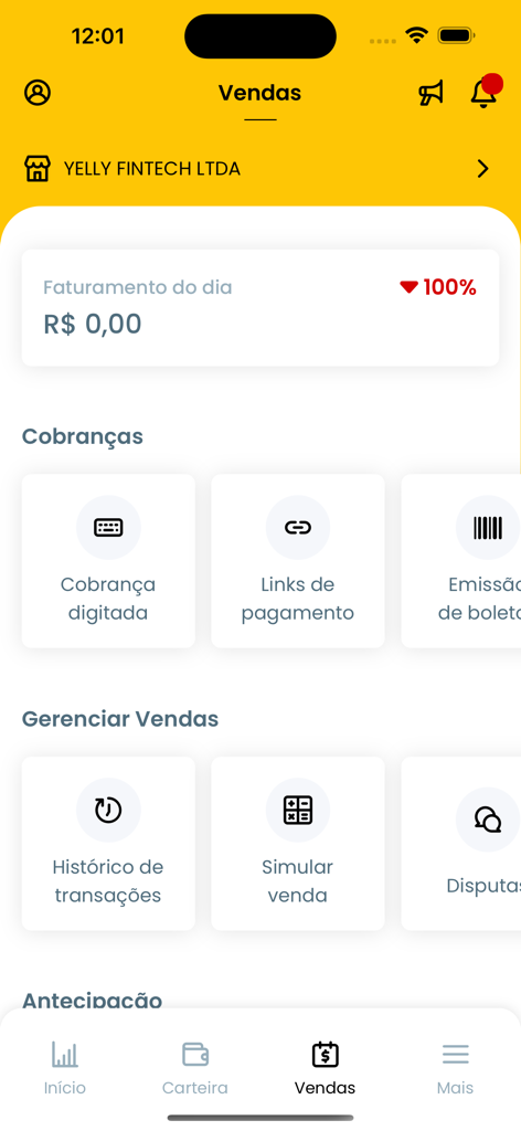 Yelly app sales dashboard showing billing and transaction management features