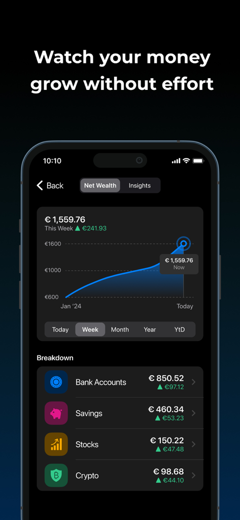 bunq - Mobile app interface of bunq showing a net wealth growth graph and a breakdown of bank accounts, savings, stocks, and crypto assets